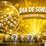 Arte gráfica para o concurso Dia de Sorte com padrão de cores luxuoso em dourado e branco. Exibe o globo de metal, luzes cintilantes e sete bolas brancas com pontos de interrogação, transmitindo uma estética de prestígio com moedas de ouro e elementos de brilho.