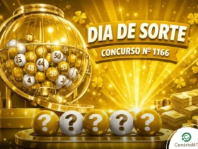 Arte gráfica para o concurso Dia de Sorte com padrão de cores luxuoso em dourado e branco. Exibe o globo de metal, luzes cintilantes e sete bolas brancas com pontos de interrogação, transmitindo uma estética de prestígio com moedas de ouro e elementos de brilho.