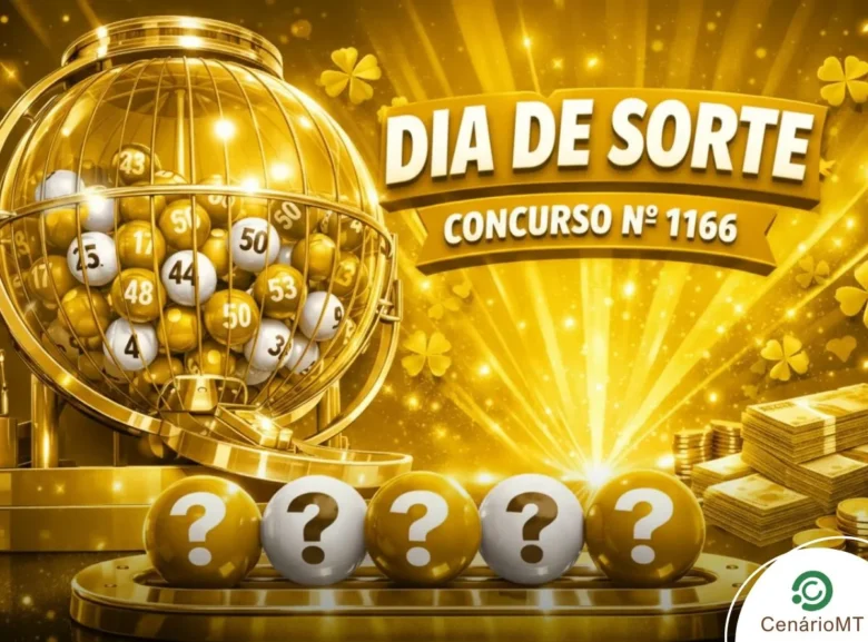 Arte gráfica para o concurso Dia de Sorte com padrão de cores luxuoso em dourado e branco. Exibe o globo de metal, luzes cintilantes e sete bolas brancas com pontos de interrogação, transmitindo uma estética de prestígio com moedas de ouro e elementos de brilho.