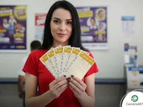 Mulher segurando bilhetes do dia de sorte em uma lotérica da Caixa