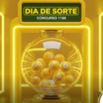 Arte digital da loteria Dia de Sorte em amarelo brilhante. Globo de vidro transparente com bolas cinéticas e letreiro do concurso 1166.