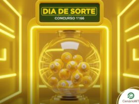 Arte digital da loteria Dia de Sorte em amarelo brilhante. Globo de vidro transparente com bolas cinéticas e letreiro do concurso 1166.