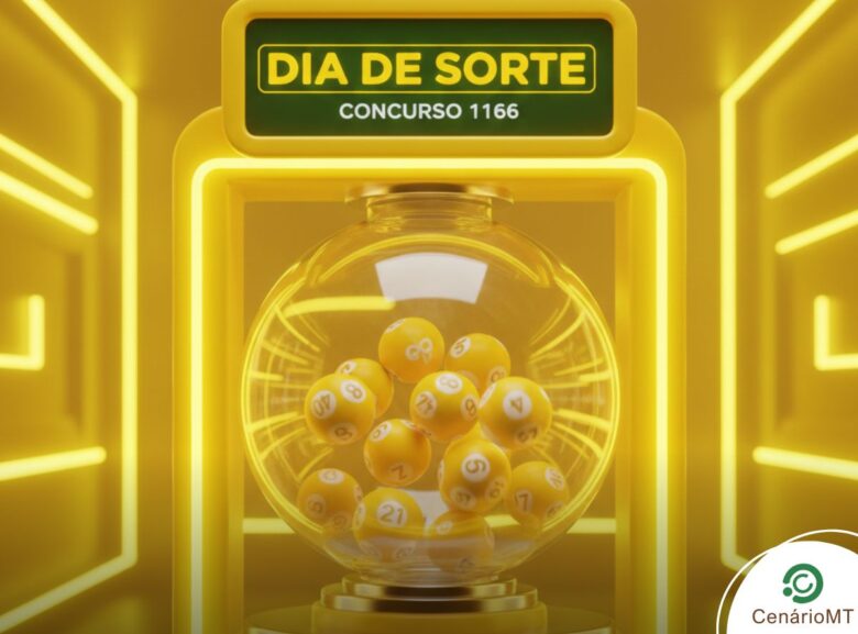 Arte digital da loteria Dia de Sorte em amarelo brilhante. Globo de vidro transparente com bolas cinéticas e letreiro do concurso 1166.