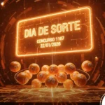 Resultado do Dia de Sorte concurso 1167, sorteado em 22/01/2026. Imagem com arte tecnológica em tons de laranja e bolas numeradas ilustrativas ao fundo.