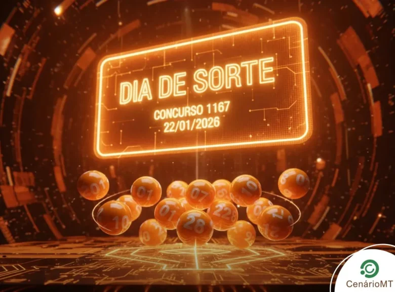 Resultado do Dia de Sorte concurso 1167, sorteado em 22/01/2026. Imagem com arte tecnológica em tons de laranja e bolas numeradas ilustrativas ao fundo.