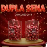Arte publicitária da loteria Dupla Sena, concurso 2914, com design em tons vibrantes de vermelho e dourado. A imagem apresenta globos de sorteio com bolas numeradas, fundo com efeitos de luz