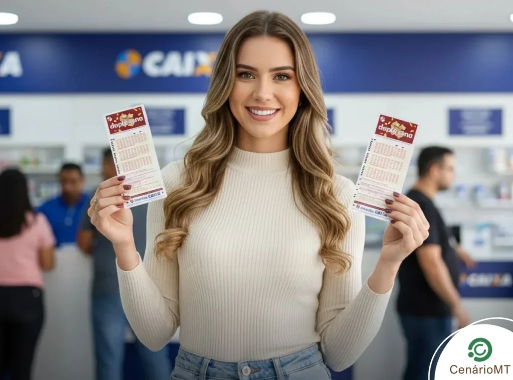 Mulher sorrindo com bilhetes da Dupla Sena