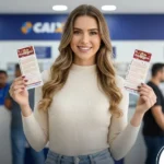 Mulher jovem de cabelos ondulados e olhos verdes, sorrindo e segurando dois bilhetes da Dupla Sena em uma casa lotérica com logotipos da Caixa ao fundo.
