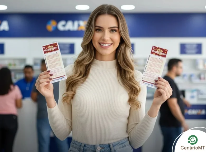 Mulher jovem de cabelos ondulados e olhos verdes, sorrindo e segurando dois bilhetes da Dupla Sena em uma casa lotérica com logotipos da Caixa ao fundo.