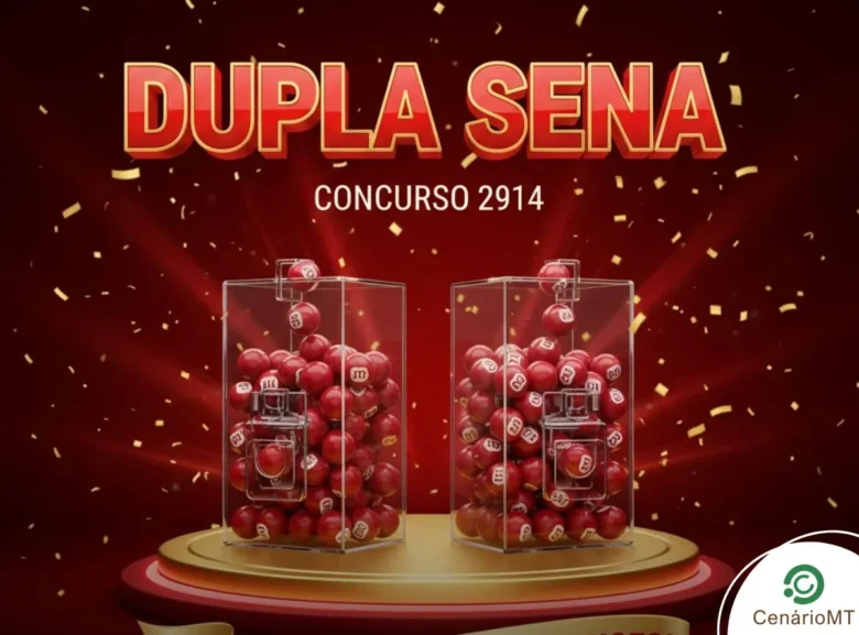 Arte publicitária da loteria Dupla Sena, concurso 2914, com design em tons vibrantes de vermelho e dourado. A imagem apresenta globos de sorteio com bolas numeradas, fundo com efeitos de luz