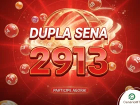Banner promocional da loteria Dupla Sena, concurso 2913, com fundo vermelho vibrante, globos de sorteio dourados e bolas numeradas ilustrativas com a marca CenárioMT
