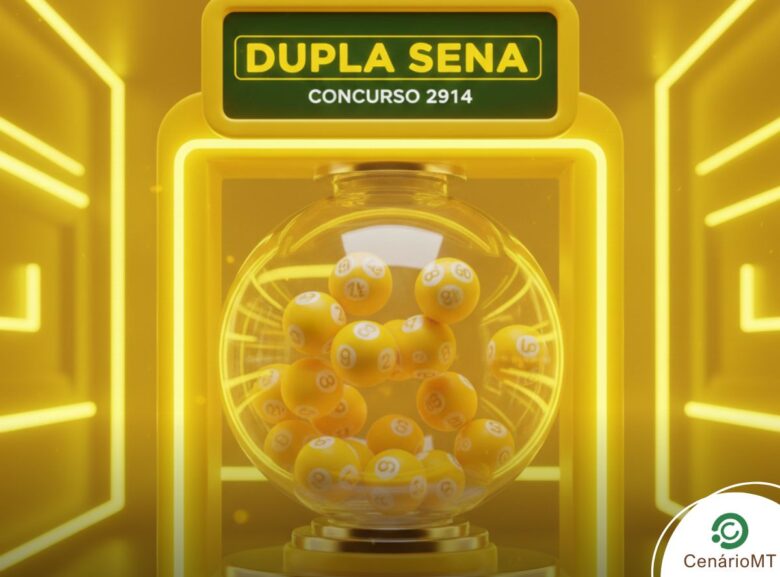 Equipamento de sorteio da Dupla Sena com iluminação laranja intensa, destacando o concurso 2914 e bolas de loteria em rotação.