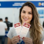 Mulher segurando bilhetes da Dupla Sena em Lotérica da Caixa Econômica Federal