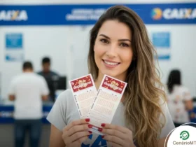 Mulher segurando bilhetes da Dupla Sena em Lotérica da Caixa Econômica Federal