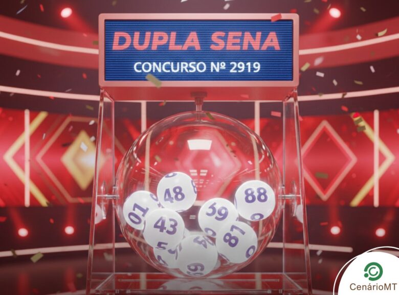 Ilustração 3D de um sorteio da Dupla Sena, concurso número 2919. O globo de cristal exibe bolas numeradas sob um letreiro vermelho. O ambiente é decorado com luzes vermelhas intensas e confetes caindo.