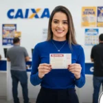 Fotografia em plano médio de Janaína, uma mulher jovem de cabelos castanhos claros e sorriso aberto, vestindo uma blusa azul royal de gola alta. Ela segura com as duas mãos um volante de apostas da Dupla Sena da Caixa Econômica Federal. Ao fundo, o ambiente de uma casa lotérica com o logotipo 'CAIXA' na parede e outros clientes de costas no balcão de atendimento. No canto inferior direito, a logomarca do portal CenárioMT