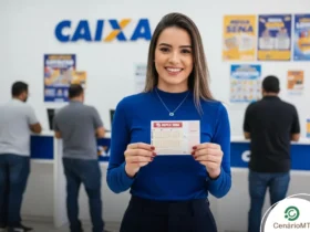 Fotografia em plano médio de Janaína, uma mulher jovem de cabelos castanhos claros e sorriso aberto, vestindo uma blusa azul royal de gola alta. Ela segura com as duas mãos um volante de apostas da Dupla Sena da Caixa Econômica Federal. Ao fundo, o ambiente de uma casa lotérica com o logotipo 'CAIXA' na parede e outros clientes de costas no balcão de atendimento. No canto inferior direito, a logomarca do portal CenárioMT