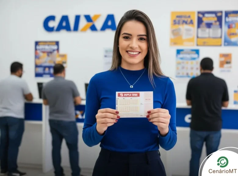 Fotografia em plano médio de Janaína, uma mulher jovem de cabelos castanhos claros e sorriso aberto, vestindo uma blusa azul royal de gola alta. Ela segura com as duas mãos um volante de apostas da Dupla Sena da Caixa Econômica Federal. Ao fundo, o ambiente de uma casa lotérica com o logotipo 'CAIXA' na parede e outros clientes de costas no balcão de atendimento. No canto inferior direito, a logomarca do portal CenárioMT