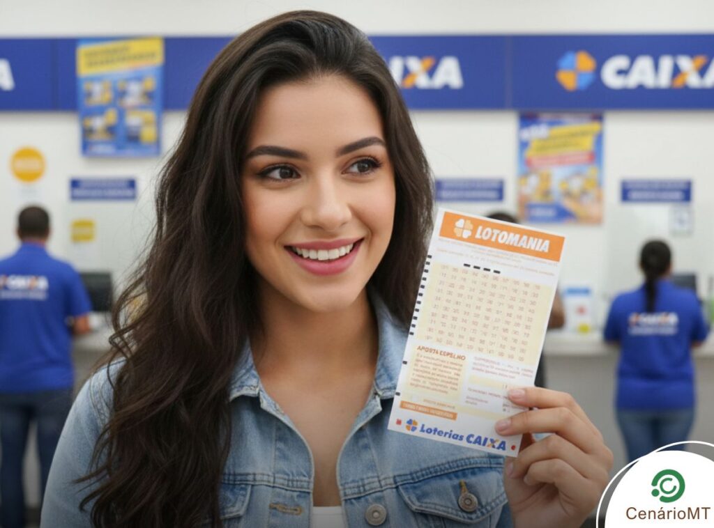 Mulher segurando bilhetes da Lotomania em Lotérica