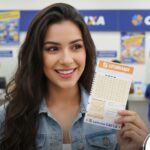 Mulher segurando bilhetes da Lotomania em Lotérica