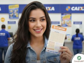 Mulher segurando bilhetes da Lotomania em Lotérica