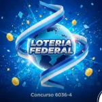Imagem digital com tema da Loteria Federal em tons de azul vibrante. No centro, um globo terrestre estilizado cercado por fitas dinâmicas em azul e branco e moedas de ouro flutuantes. Ao centro, o logotipo "LOTERIA FEDERAL" em destaque e, na parte inferior, o texto "Concurso 6036-4" em branco sobre um fundo de silhueta de cidade à noite.