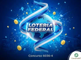 Imagem digital com tema da Loteria Federal em tons de azul vibrante. No centro, um globo terrestre estilizado cercado por fitas dinâmicas em azul e branco e moedas de ouro flutuantes. Ao centro, o logotipo "LOTERIA FEDERAL" em destaque e, na parte inferior, o texto "Concurso 6036-4" em branco sobre um fundo de silhueta de cidade à noite.