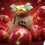 Bolas de loteria vermelhas brilhantes com números dourados flutuando ao redor de um saco de dinheiro rústico cheio de moedas e notas de dólar, sobre um fundo vermelho vibrante com efeitos de luz.