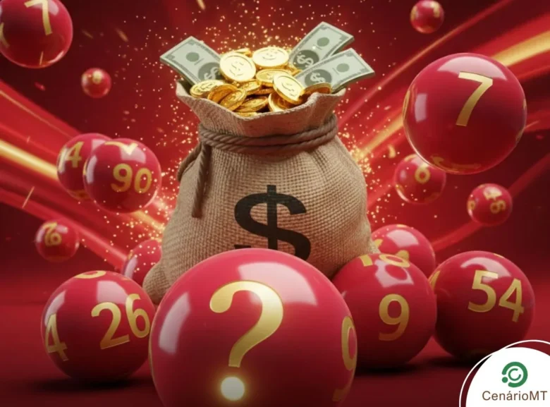 Bolas de loteria vermelhas brilhantes com números dourados flutuando ao redor de um saco de dinheiro rústico cheio de moedas e notas de dólar, sobre um fundo vermelho vibrante com efeitos de luz.