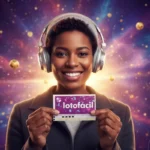 Mulher negra segurando bilhete da lotofácil com fundo decorado