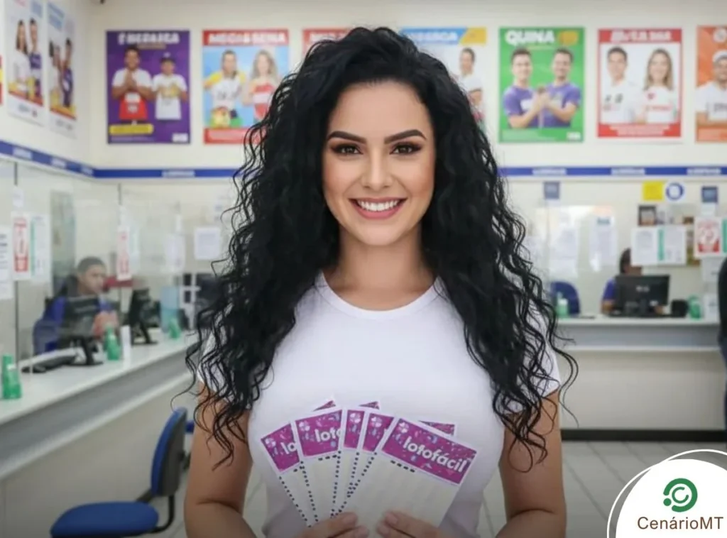 Palpites da Lotofácil 3767: Confira jogos simulados para o prêmio de R$ 2 milhões 12 Mulher de cabelos cacheados e camisa branca segurando bilhetes da Lotofácil