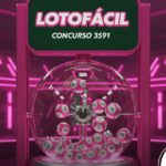 Globo de loteria estilizado na cor rosa para a Lotofácil, concurso 3591. As bolas de sorteio saltam dentro do globo de vidro sob luzes neon.
