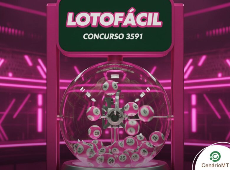 Globo de loteria estilizado na cor rosa para a Lotofácil, concurso 3591. As bolas de sorteio saltam dentro do globo de vidro sob luzes neon.
