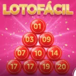 Imagem ilustrativa da Lotofácil com bolas de sorteio vermelhas e logotipo dourado. Arte promocional da Lotofácil em fundo rosa com dezenas numeradas.