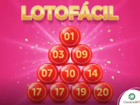Imagem ilustrativa da Lotofácil com bolas de sorteio vermelhas e logotipo dourado. Arte promocional da Lotofácil em fundo rosa com dezenas numeradas.