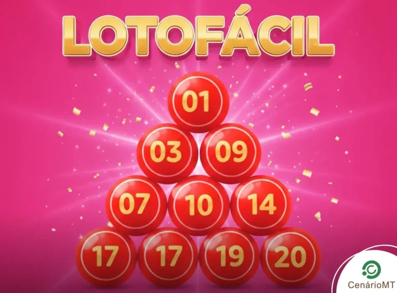 Imagem ilustrativa da Lotofácil com bolas de sorteio vermelhas e logotipo dourado. Arte promocional da Lotofácil em fundo rosa com dezenas numeradas.