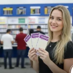 Mulher jovem e loira sorridente segurando três bilhetes da Lotofácil dentro de uma casa lotérica, com guichês de atendimento ao fundo.
