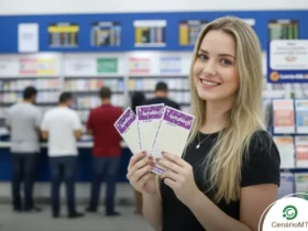 Mulher jovem e loira sorridente segurando três bilhetes da Lotofácil dentro de uma casa lotérica, com guichês de atendimento ao fundo.