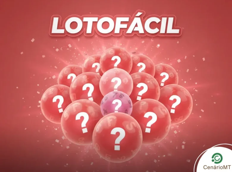 Composição da Lotofácil mostrando um monte de esferas vermelhas e uma esfera central rosa, todas com pontos de interrogação, sobre um fundo avermelhado com confetes.