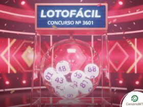 Ilustração 3D de um sorteio da Lotofácil, concurso número 3601. Um globo transparente com bolas numeradas está em destaque contra um fundo rosa vibrante e iluminado, com confetes espalhados.
