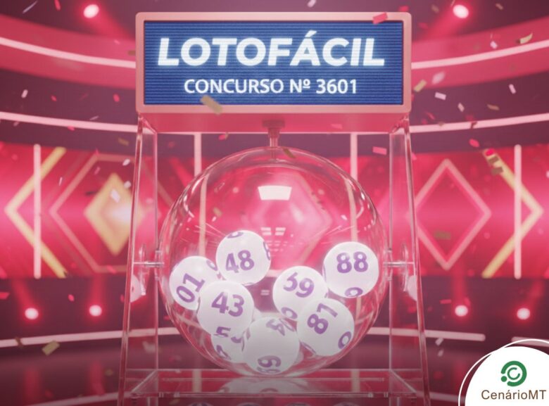 Ilustração 3D de um sorteio da Lotofácil, concurso número 3601. Um globo transparente com bolas numeradas está em destaque contra um fundo rosa vibrante e iluminado, com confetes espalhados.