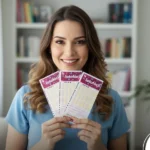 Foto de mulher com cabelos castanhos segurando bilhetes da lotofácil em casa