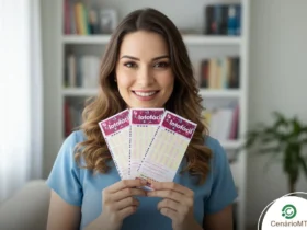Foto de mulher com cabelos castanhos segurando bilhetes da lotofácil em casa