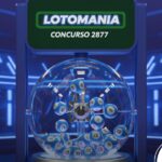 Máquina de sorteio da Lotomania em um estúdio tecnológico azul. O visor exibe "Concurso 2877" e o globo contém dezenas de bolas numeradas.