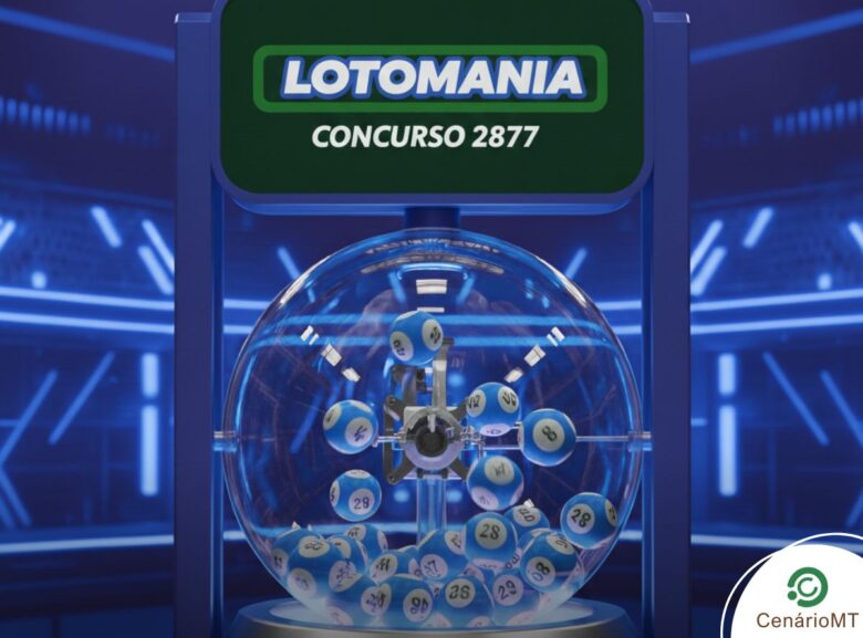 Máquina de sorteio da Lotomania em um estúdio tecnológico azul. O visor exibe "Concurso 2877" e o globo contém dezenas de bolas numeradas.