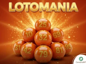 Imagem ilustrativa da Lotomania destacando bolas de sorteio laranjas e logotipo. Arte visual da Lotomania com números e explosão de luz ao fundo.