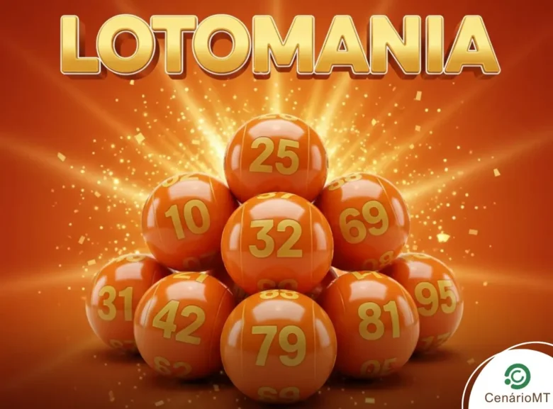 Imagem ilustrativa da Lotomania destacando bolas de sorteio laranjas e logotipo. Arte visual da Lotomania com números e explosão de luz ao fundo.
