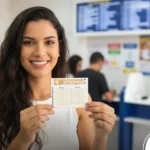 Mulher morena de camisa branca segurando um volante da Lotomania em uma lotérica