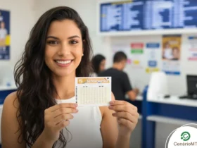 Resultado da Lotomania 2902: Confira os números de hoje (20/03/2026) 29 Mulher morena de camisa branca segurando um volante da Lotomania em uma lotérica