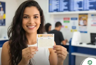 Resultado da Lotomania 2902: Confira os números de hoje (20/03/2026) 12 Mulher morena de camisa branca segurando um volante da Lotomania em uma lotérica